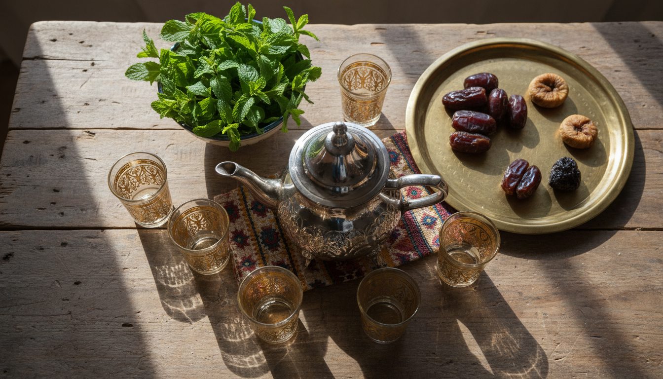 Марокканский мятный чай на деревянном столе с финиками