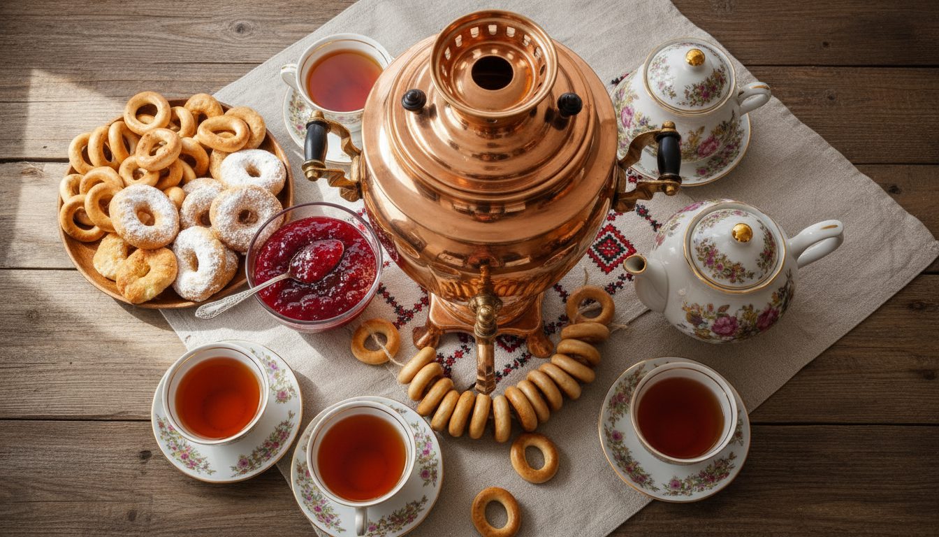 Русский самовар и традиционное чаепитие с баранками и вареньем.